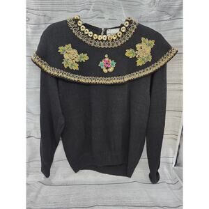 Marnie West Sweater Beaded Ugly Christmas Sweater Size Large Black